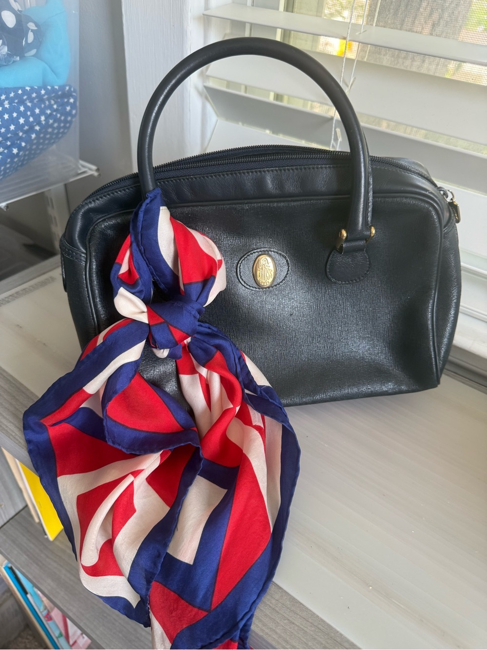 Bold Red Geometric Silk Scarf with Navy and Cream Accents - Picture 3 of 10